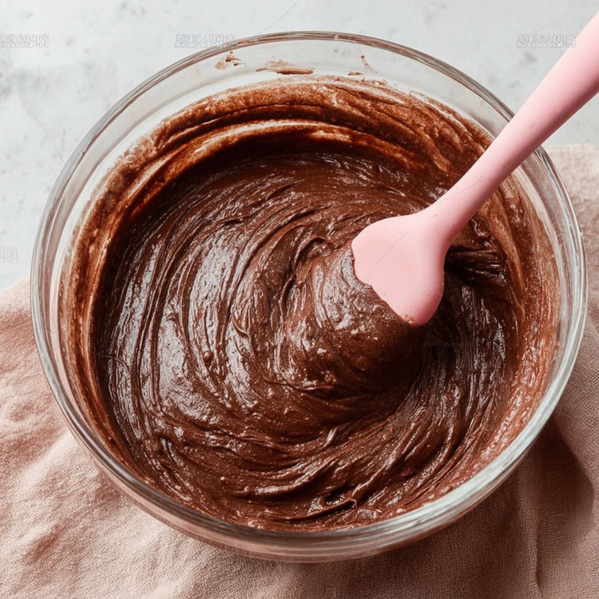 Best Chocolate Peppermint Madeleines 10 Smooth chocolate batter in a glass bowl being mixed with a pink spatula, glossy texture, top-down view, dessert preparation