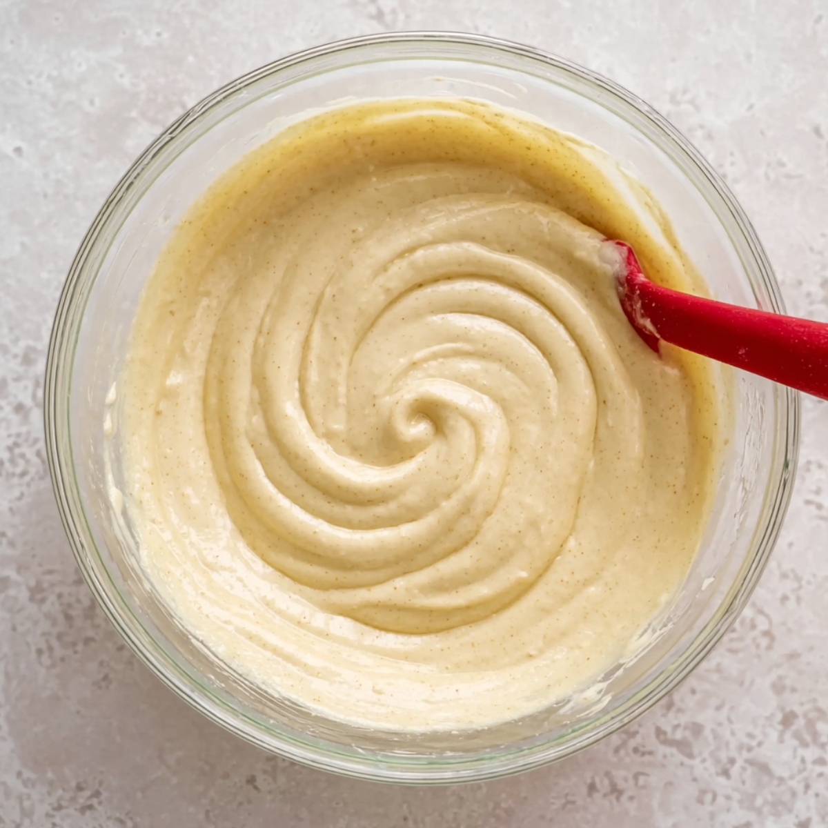 Easy Strawberry Cake Roll Recipe 10 Bowl with cake batter being mixed, dry ingredients just incorporated, ready for baking.