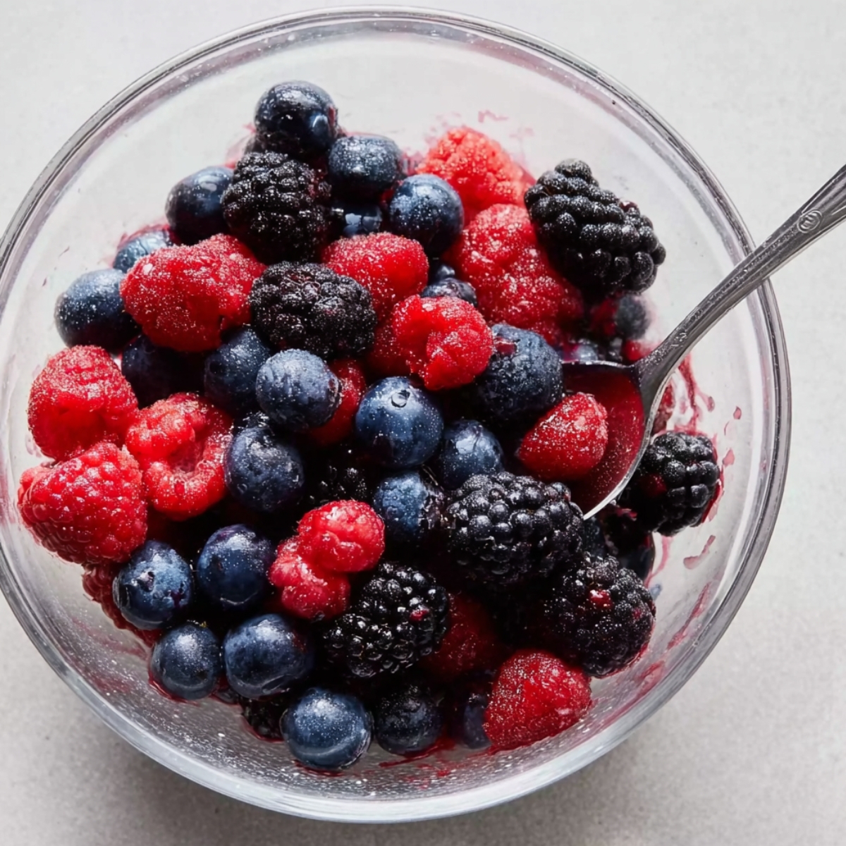 The Best Berry Galette Recipe 11 A glass bowl filled with fresh mixed berries—blueberries, raspberries, and blackberries—being stirred with a spoon. The berries are juicy and vibrant, ready to be used as filling for a dessert.