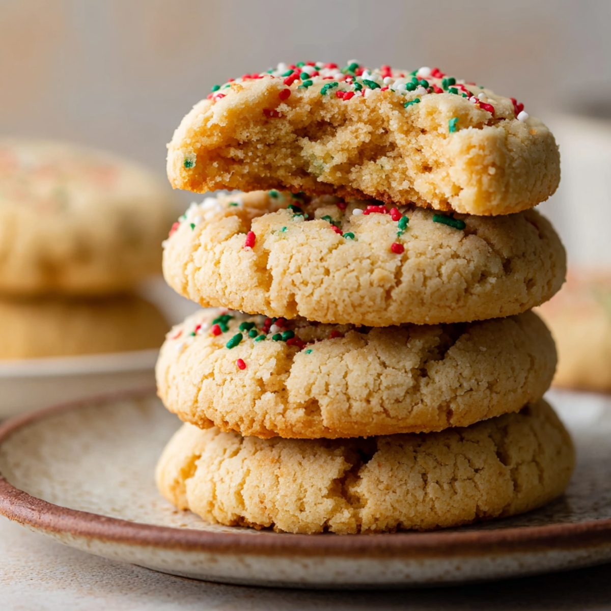 Stacked Almond Flour Sugar Cookies with festive red, green, and white sprinkles, top cookie partially bitten.