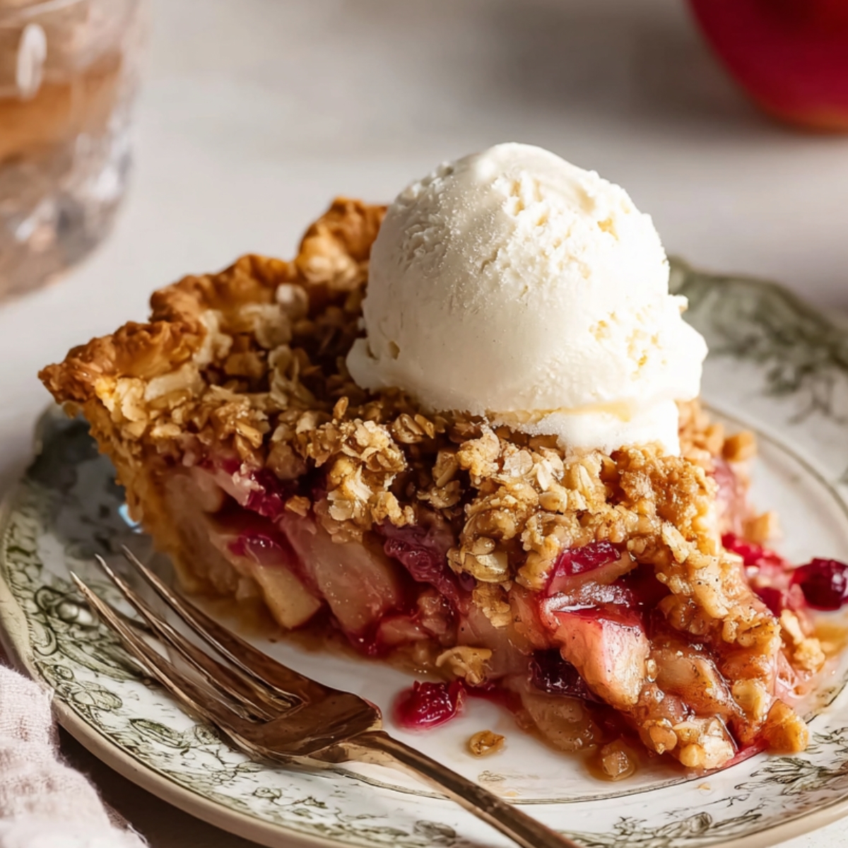 Apple Cranberry Crumble Pie slice with vanilla ice cream on top.