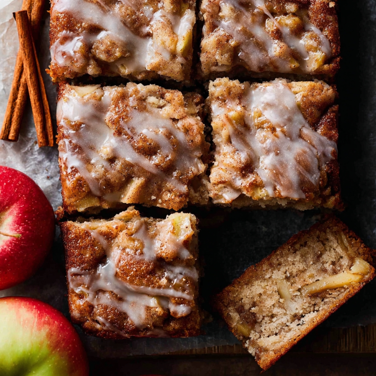 Baked Apple Fritter Cake cut into squares, showing glazed top and apple chunks inside.