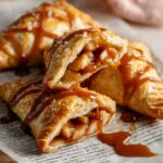 Baked Apple Turnovers filled with cinnamon apple chunks, drizzled with caramel sauce, served on parchment paper.