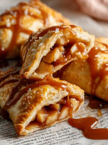 Homemade Apple Turnovers Recipe 2 Baked Apple Turnovers filled with cinnamon apple chunks, drizzled with caramel sauce, served on parchment paper.