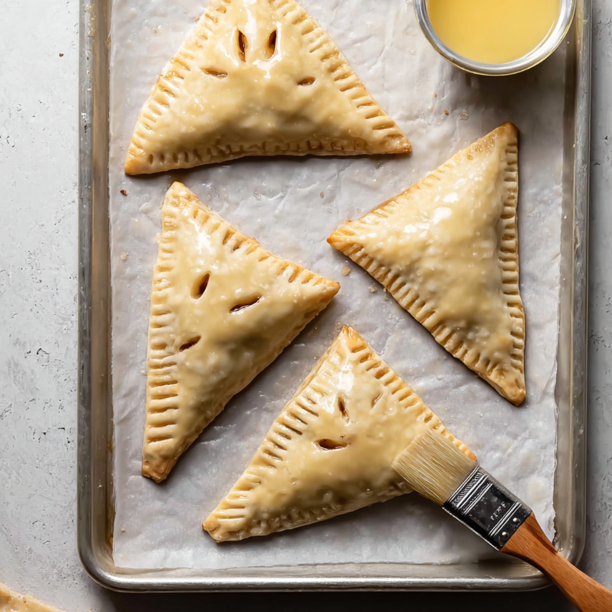 Homemade Apple Turnovers Recipe 11 Triangular apple turnovers on a baking sheet being brushed with egg wash before baking.