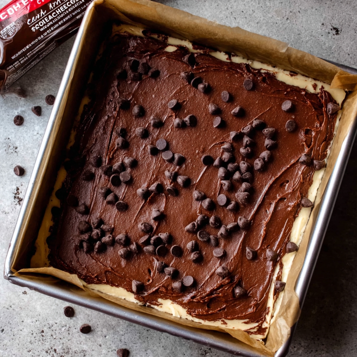 Mocha Cheesecake Brownies Recipe 11 A pan of mocha cheesecake brownies with a smooth chocolate layer topped with chocolate chips before baking, lined with parchment paper for easy removal.