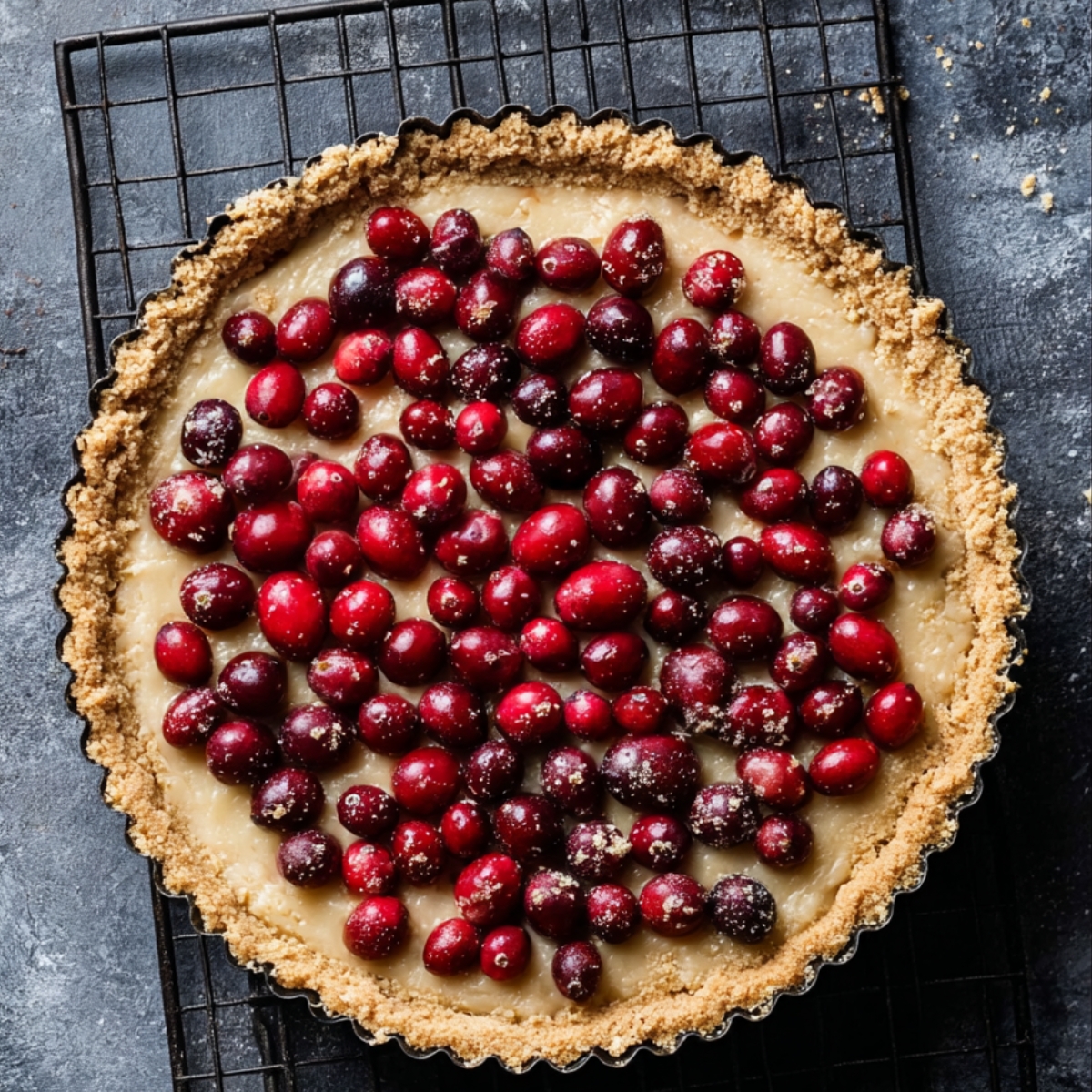 Easy Cranberry Frangipane Tart 11 Baked cranberry frangipane tart topped with sugared cranberries, with slices removed on a cooling rack.
