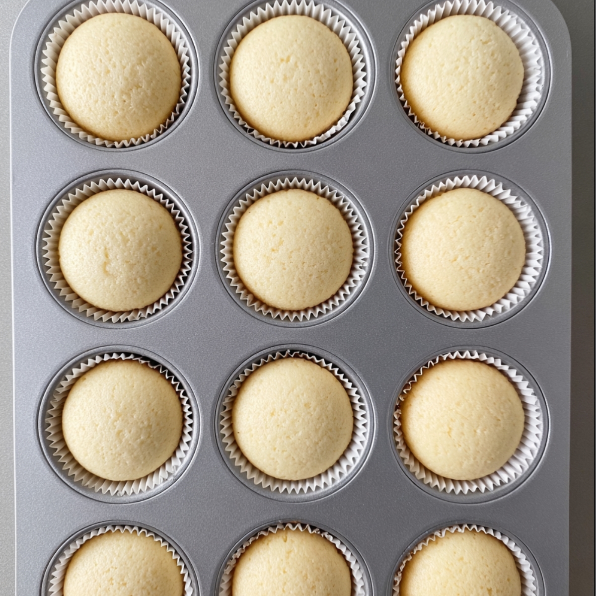 Copycat Magnolia Bakery Cupcakes 10 Top view of a 12-cup muffin pan filled with evenly baked vanilla cupcakes in white paper liners, showing smooth, golden tops.