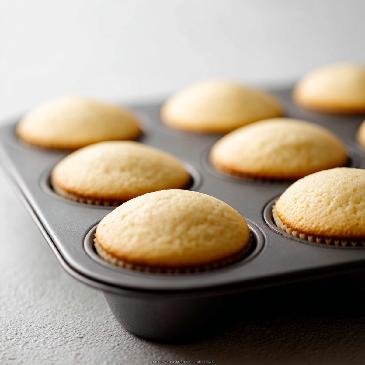 The Best Angel Food Cupcakes Recipe 11 Freshly baked vanilla cupcakes cooling in a dark muffin tray with soft natural lighting and a minimalist white background.