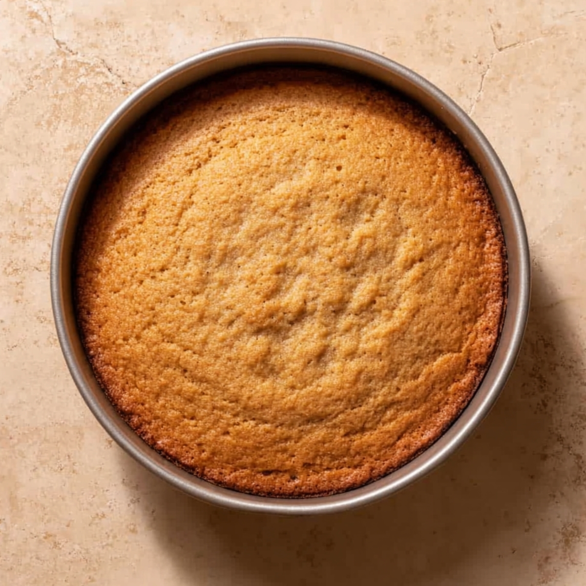 Easy Oatmeal Cream Pie Cake Recipe 10 Freshly baked round cake in a metal cake pan, golden brown and evenly cooked, sitting on a neutral surface.