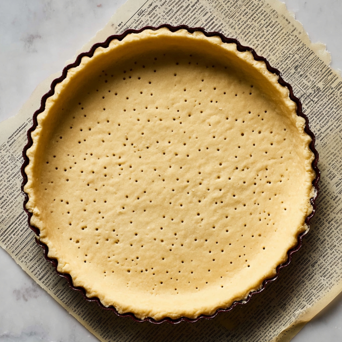 Fresh Fruit Tart Recipe with Mascarpone Cream 10 A partially baked tart shell with a golden crust, pierced with small holes, ready to be filled with a creamy topping.
