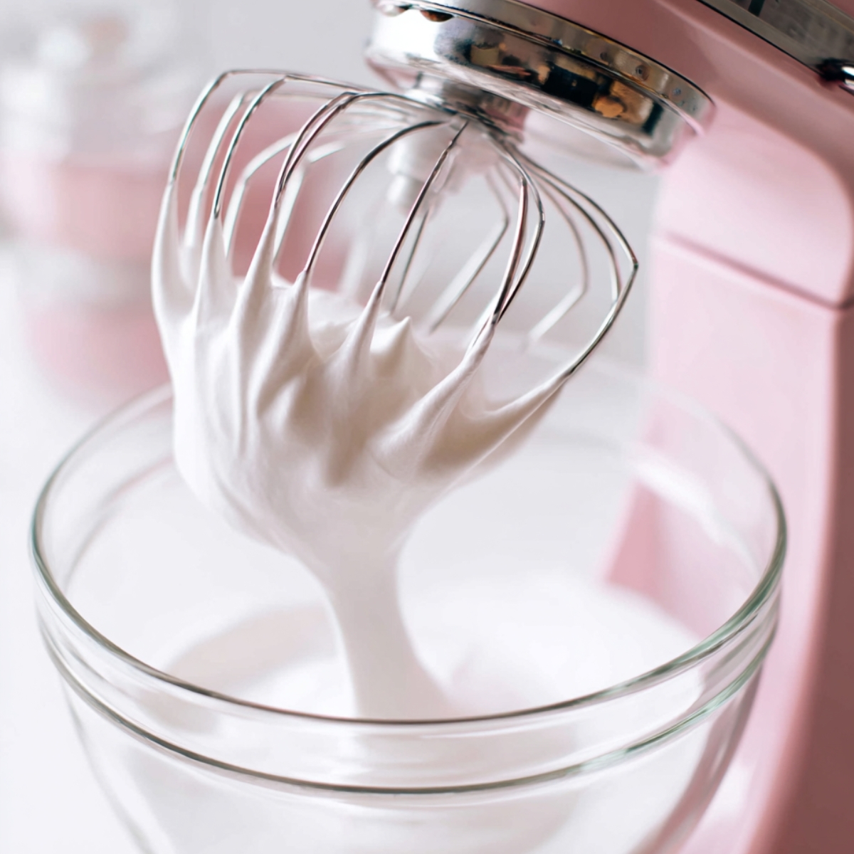 Easy Champagne Cake Roll Recipe 10 Glossy whipped egg whites forming soft peaks in a glass bowl with a pink stand mixer during cake preparation.