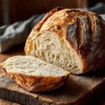 Freshly baked artisan sourdough bread loaf sliced on a wooden cutting board with a golden crust and airy crumb texture.