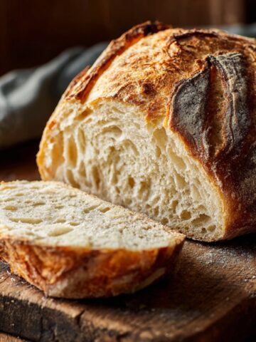 Beginner Sourdough Bread Recipe 1 Freshly baked artisan sourdough bread loaf sliced on a wooden cutting board with a golden crust and airy crumb texture.