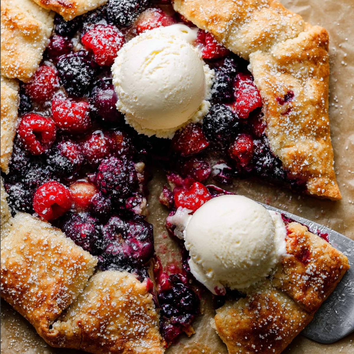 A rustic mixed Berry Galette with a golden, flaky crust, filled with blueberries, raspberries, and blackberries, topped with scoops of vanilla ice cream and a metal spatula lifting a slice.