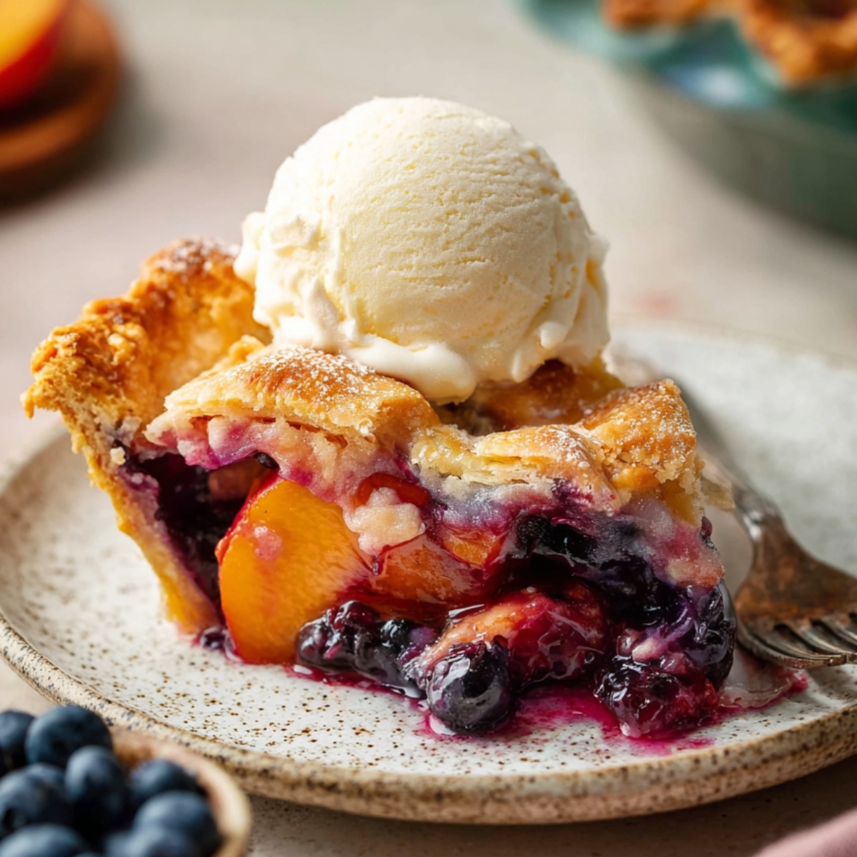 A freshly baked Blueberry Peach Pie with a golden lattice crust, filled with juicy fruit, and ready to be served. The crust is sprinkled with sugar for a sparkling finish.