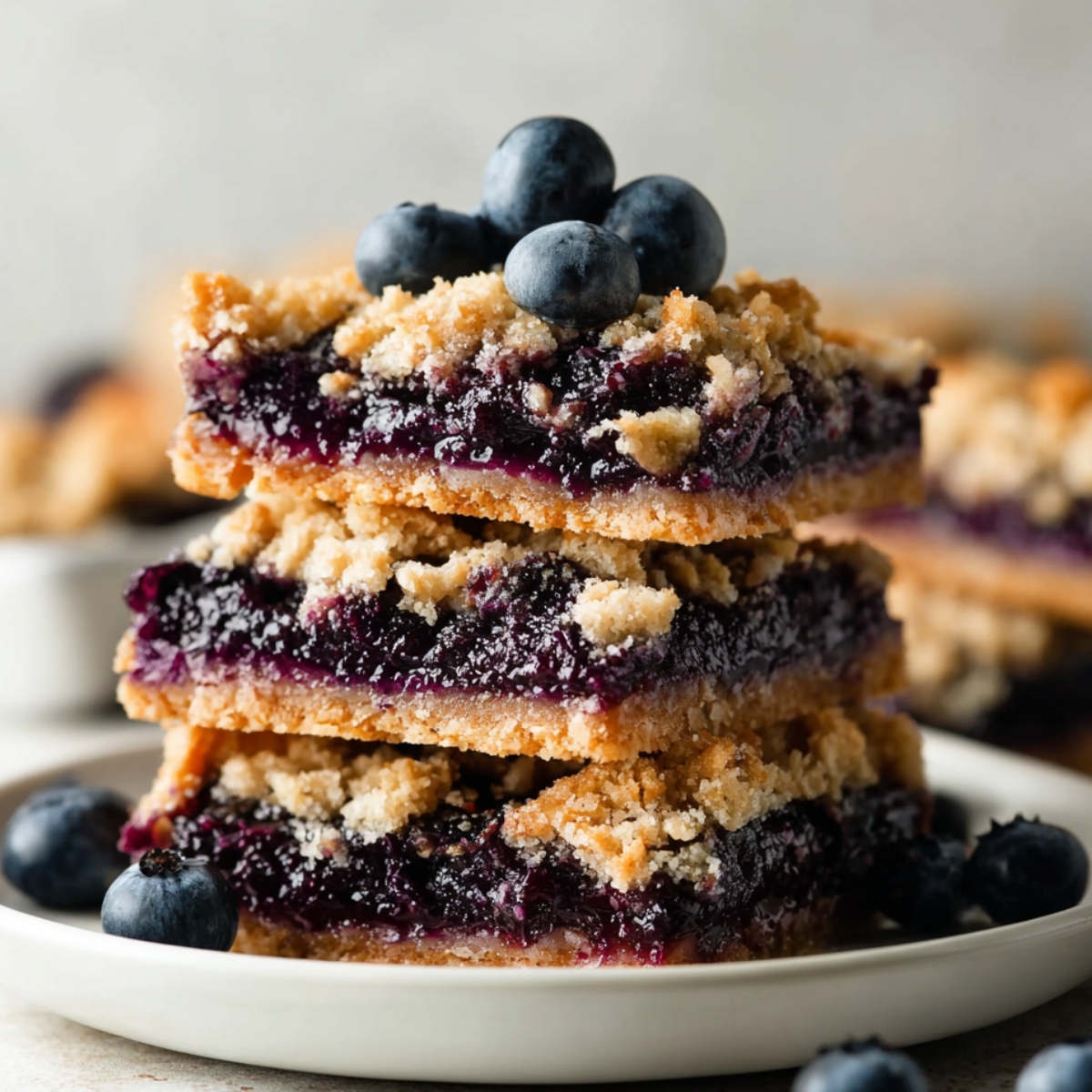 Stack of homemade Blueberry Pie Bars with buttery crumble topping and fresh blueberries on a white plate, rustic bakery-style dessert photography.