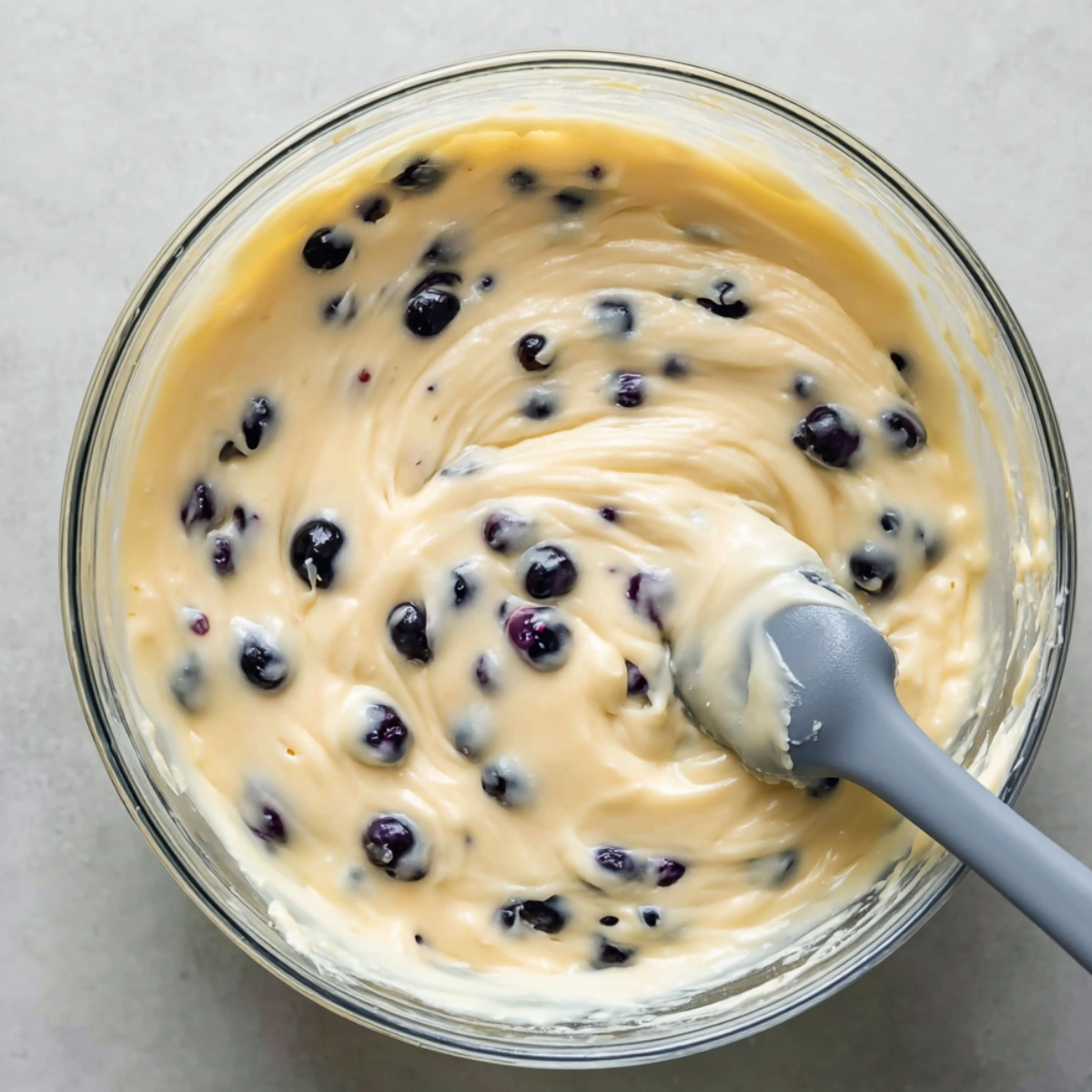 Blueberry Cream Cupcakes Recipe 10 Glass bowl of creamy blueberry cupcake batter with spatula.