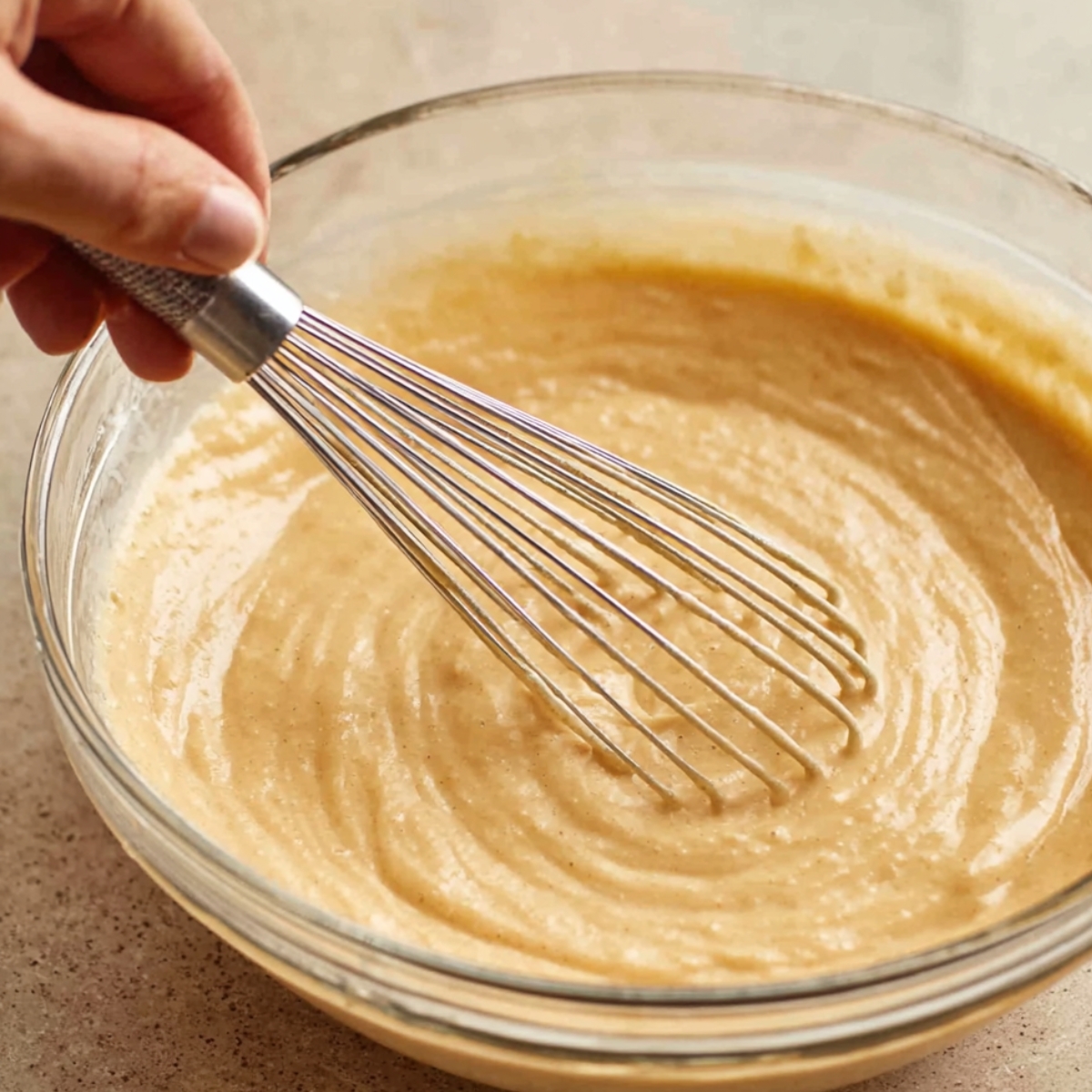 Snickerdoodle Cupcakes with Cinnamon Swirl Frosting 10 A close-up of a hand whisking cinnamon cupcake batter in a glass mixing bowl. The batter is smooth and well-mixed
