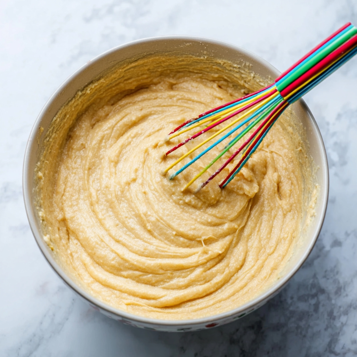 The Best Cornbread Muffins Recipe 10 Smooth and creamy cornbread muffin batter in a mixing bowl with a colorful whisk, showing the perfect texture before baking.