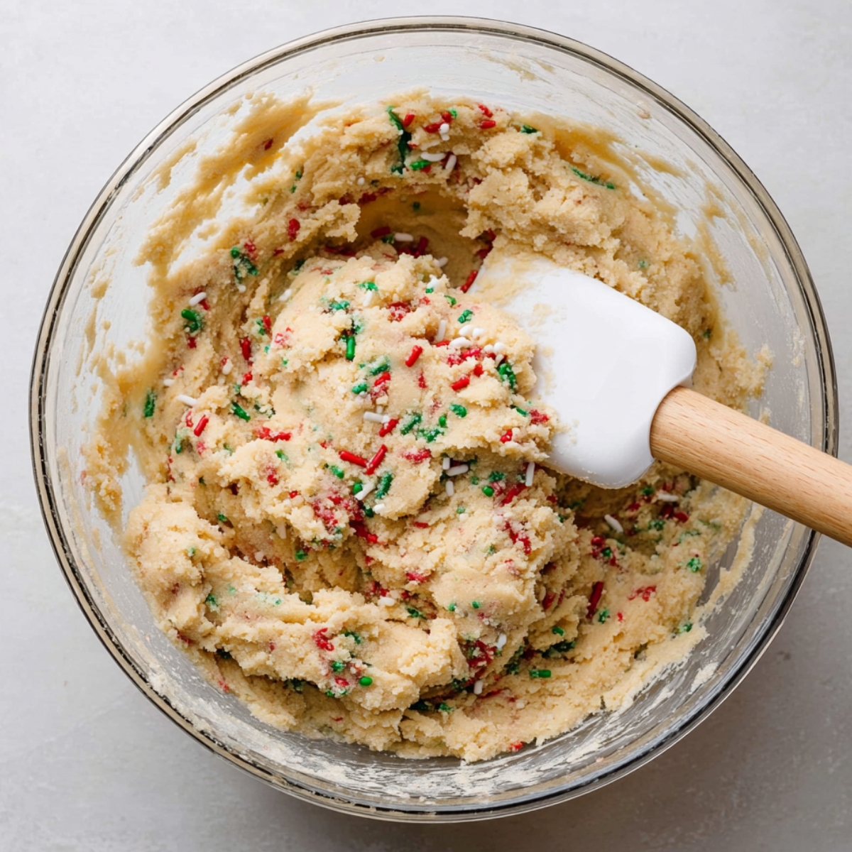 Easy Almond Flour Sugar Cookies Recipe 10 Almond flour cookie dough with red, green, and white sprinkles in a glass bowl with a spatula.