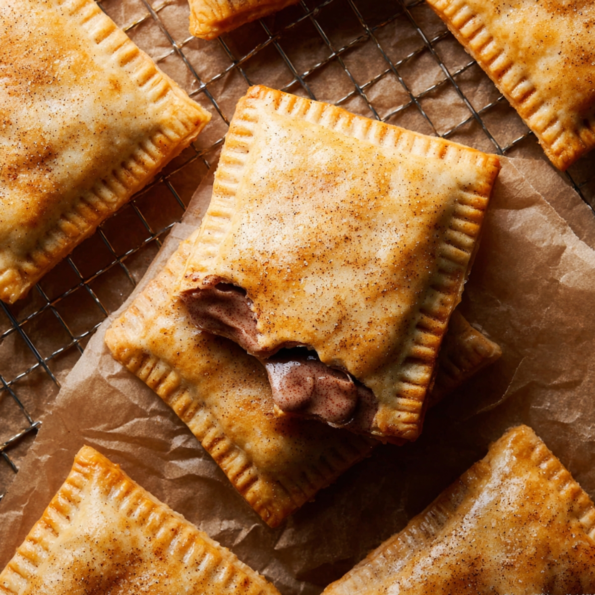 Freshly baked Brown Sugar Cinnamon Pop Tarts with golden crust and glossy cinnamon glaze, displayed on a cooling rack.