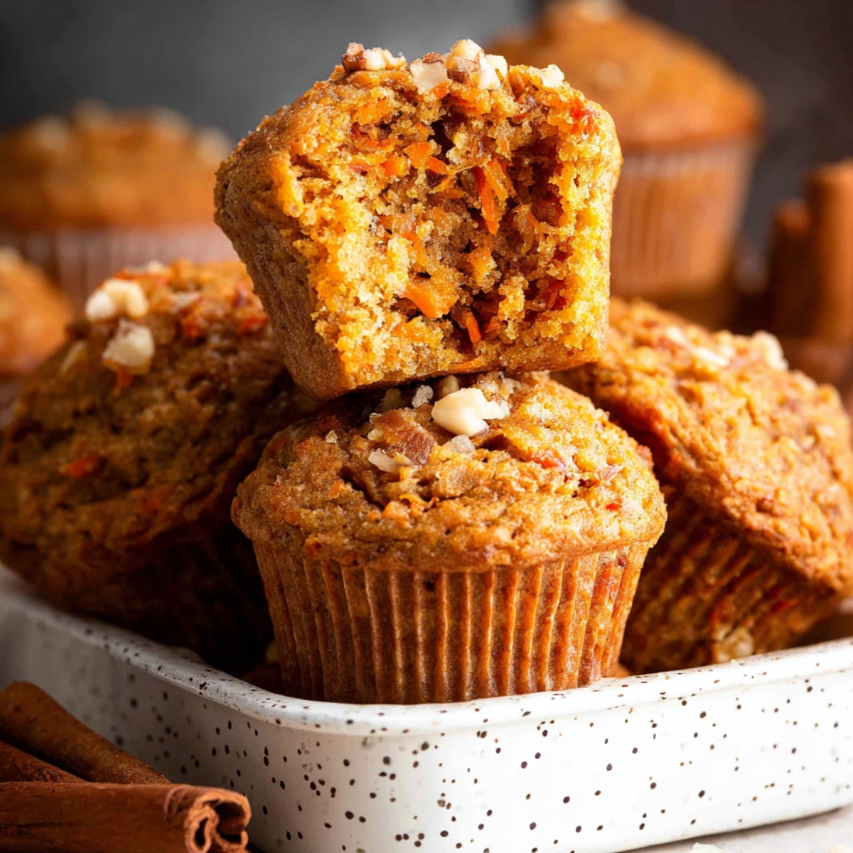 Freshly baked Carrot Muffins in a baking dish with visible carrot and nuts.