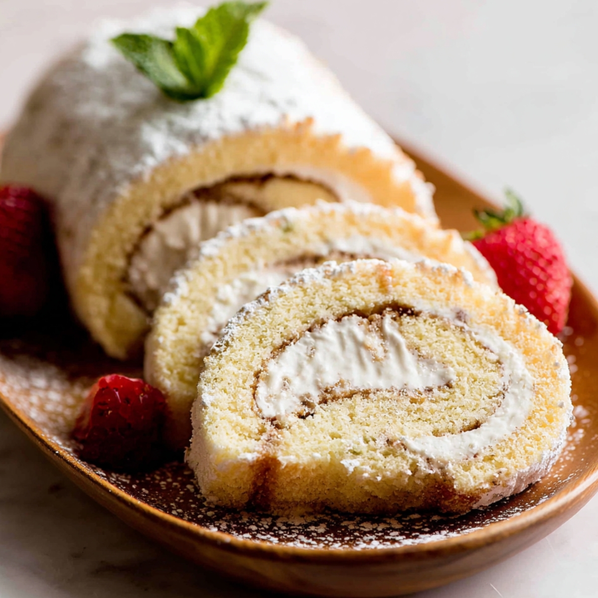 Easy Champagne Cake Roll Recipe 9 Slices of vanilla Swiss Champagne Cake Roll filled with whipped cream and dusted with powdered sugar, served with fresh strawberries and mint garnish.
