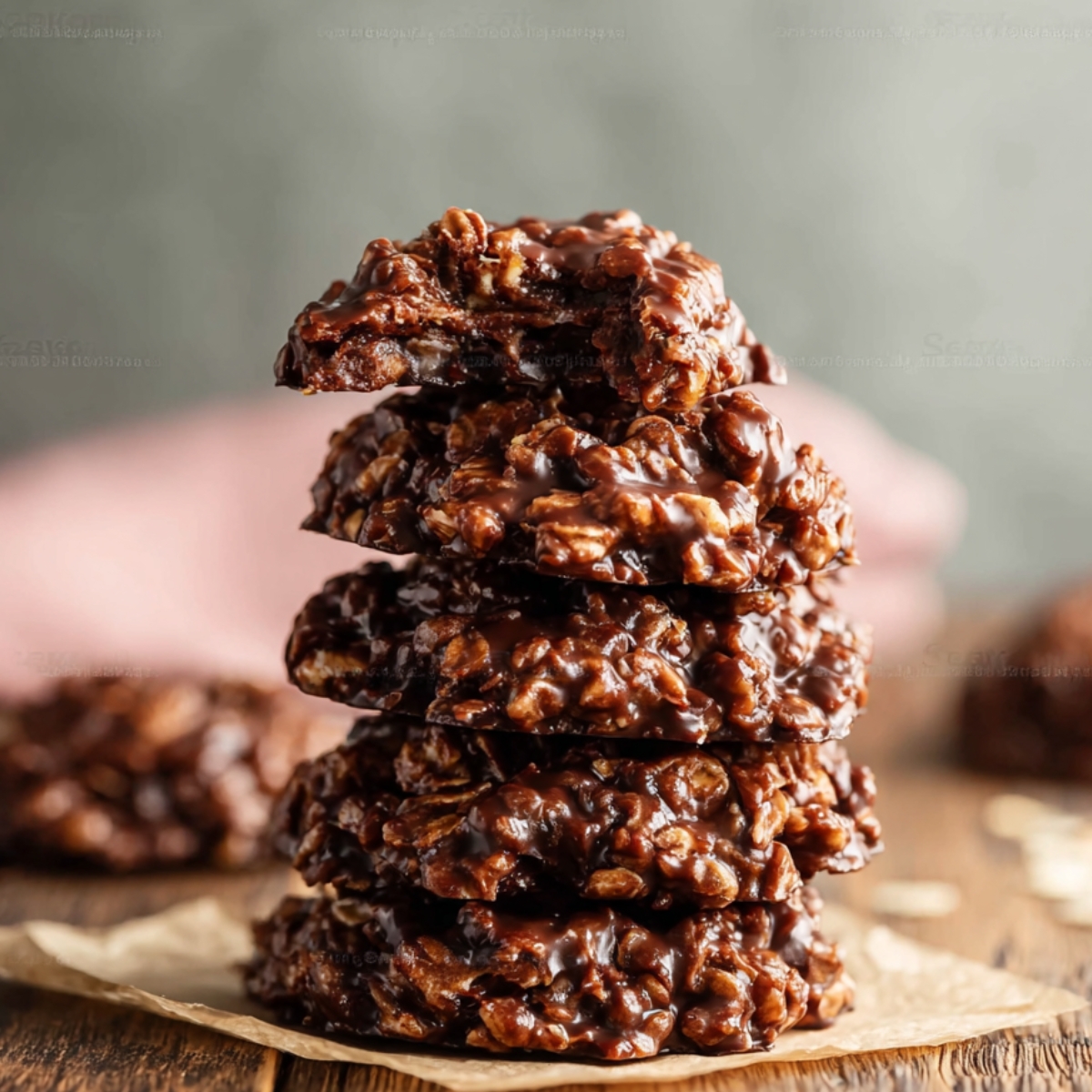Stack of Chocolate Peanut Butter No-Bake Cookies on parchment paper, rich and glossy with oats.