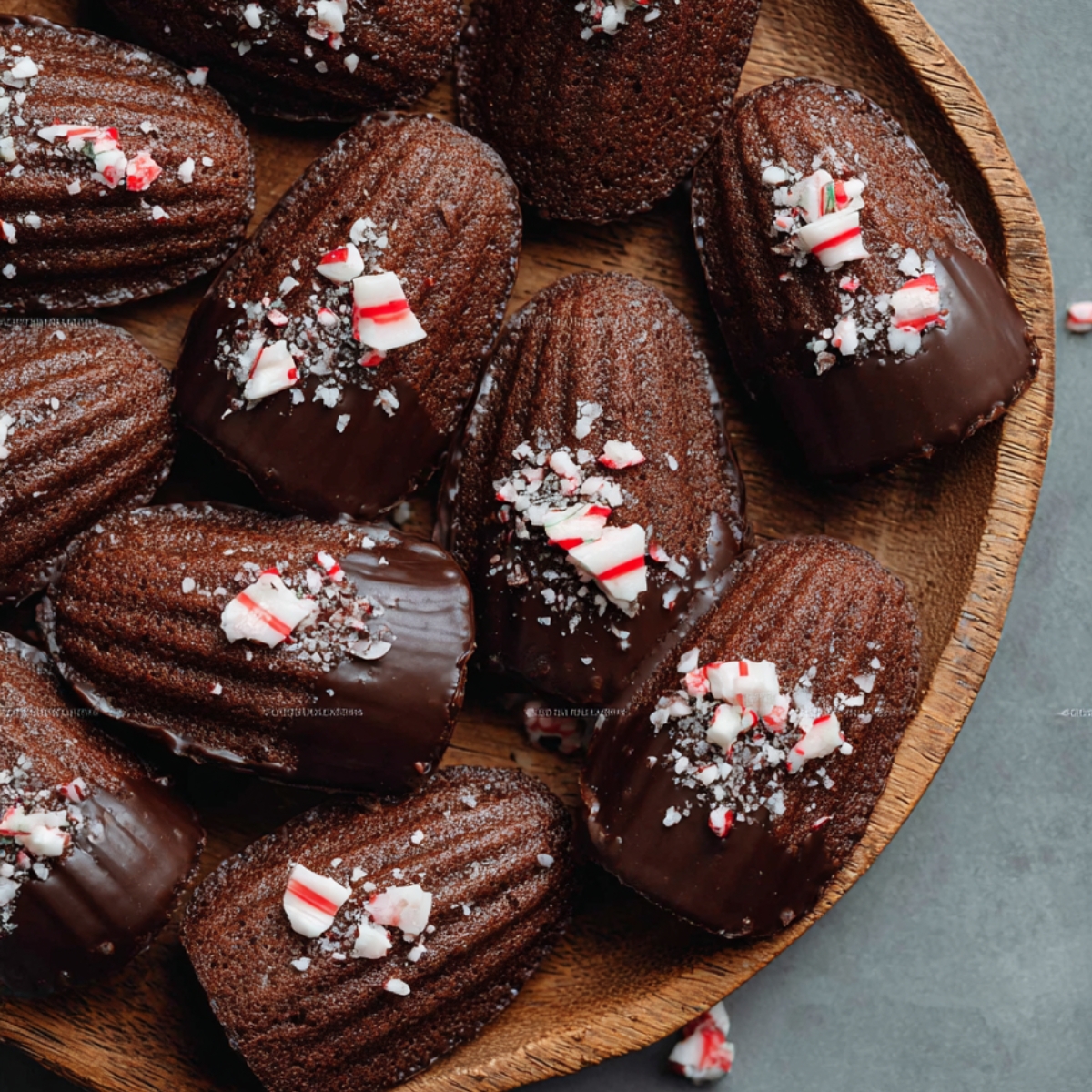 Chocolate Peppermint Madeleines dipped in dark chocolate and sprinkled with crushed peppermint candy, arranged on a wooden plate, festive holiday dessert