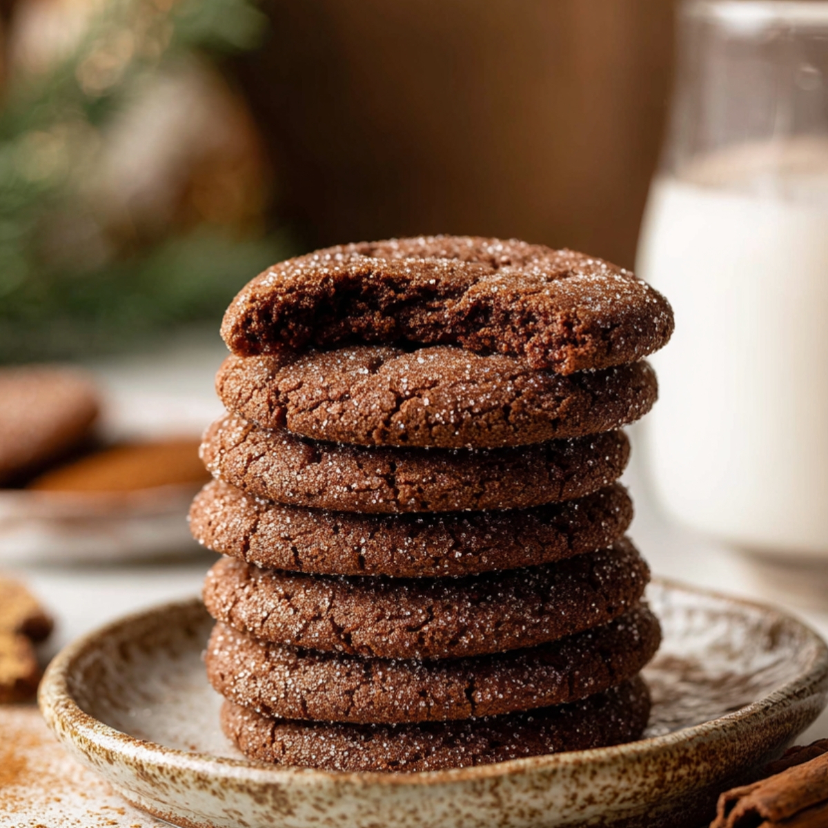 Stack of freshly baked Chocolate Snickerdoodles cookies with sugar coating, one cookie partially bitten on top.