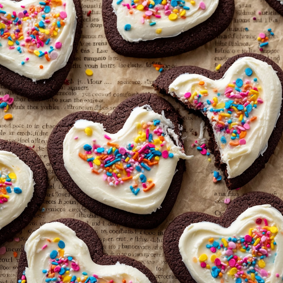 A close-up of decorated heart-shaped Chocolate Sugar Cookies, with thick white frosting topped with colorful sprinkles. One cookie is partially bitten, revealing the soft texture inside.