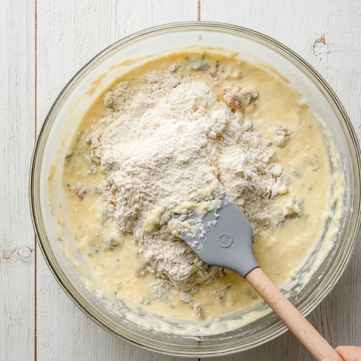 Easy Savory Quick Bread Recipe 10 Glass bowl with savory quick bread batter being mixed with flour and herbs.