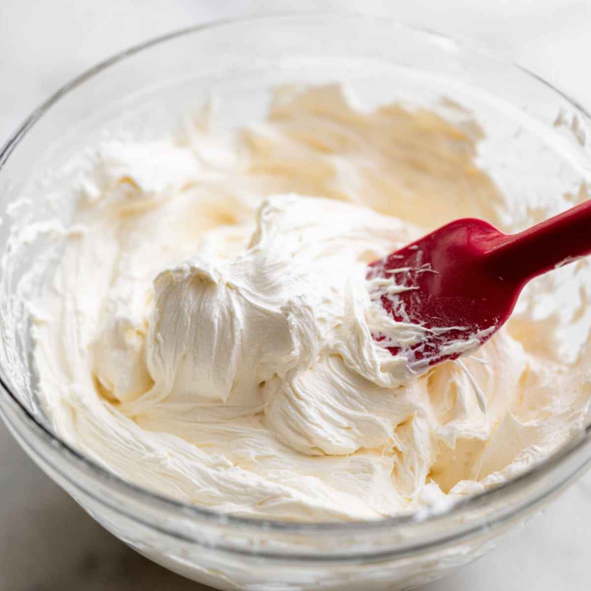 Easy Mini No-Bake Cheesecakes Recipe 11 Bowl of creamy cheesecake filling being mixed with a red spatula for mini no-bake cheesecakes.