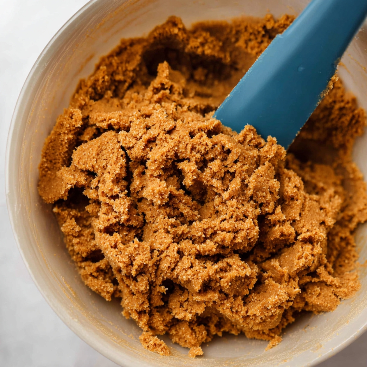 The Best Gingerbread Blossoms Recipe 10 Bowl of gingerbread cookie dough being mixed with a blue spatula, showing the thick and spiced texture of the combined wet and dry ingredients.