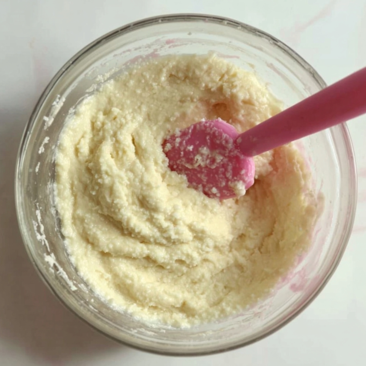 Easy Coconut Cream Bars Recipe 10 Top-down view of a glass mixing bowl with thick, pale yellow batter being stirred with a pink silicone spatula, showing the texture of the mixture.