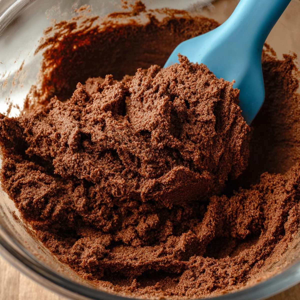 Easy Chocolate Snickerdoodles Recipe 10 Mixing chocolate cookie dough in a glass bowl with a blue spatula, combining wet and dry ingredients.