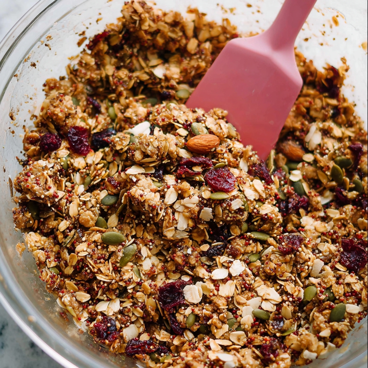 Salted Quinoa Granola Bars Recipe 11 Granola mixture with oats, quinoa, seeds, and cranberries in a glass bowl.
