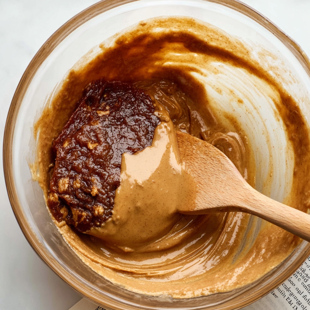 Salted Quinoa Granola Bars Recipe 10 Almond butter and date paste mixed in a glass bowl.