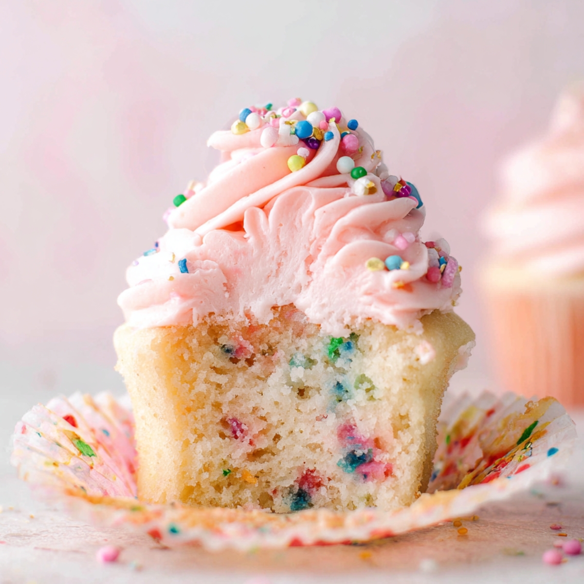Confetti Sprinkle Cupcakes topped with pink buttercream frosting and colorful sprinkles, shown in a partially unwrapped cupcake liner.