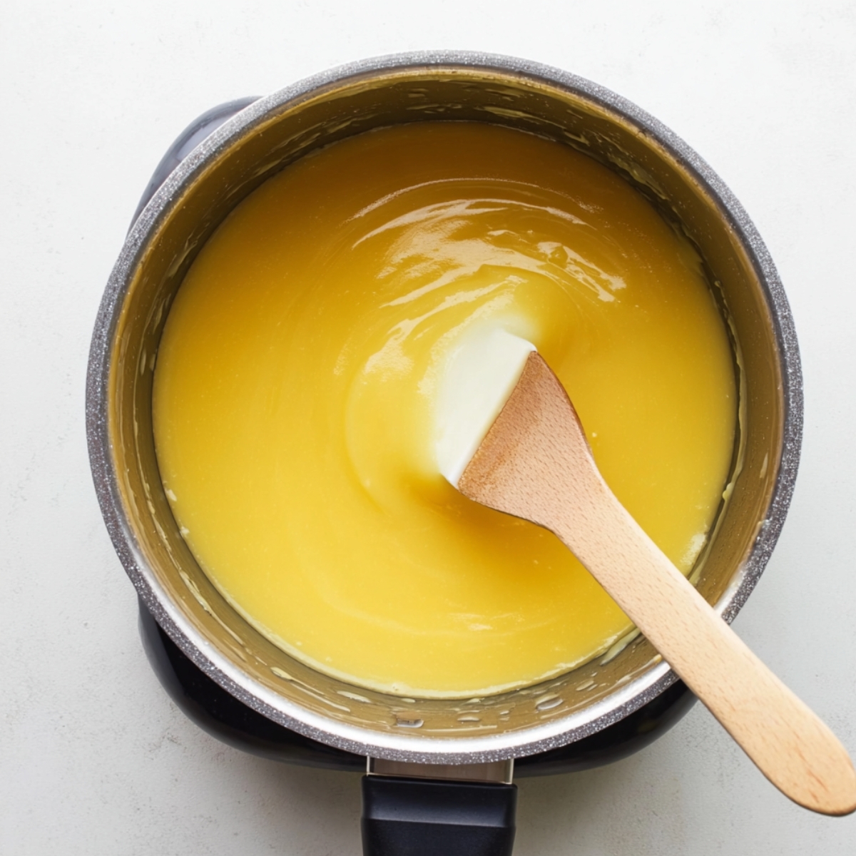 Easy Mini Lemon Meringue Tarts 10 A saucepan with smooth, yellow lemon curd being stirred with a wooden spoon.