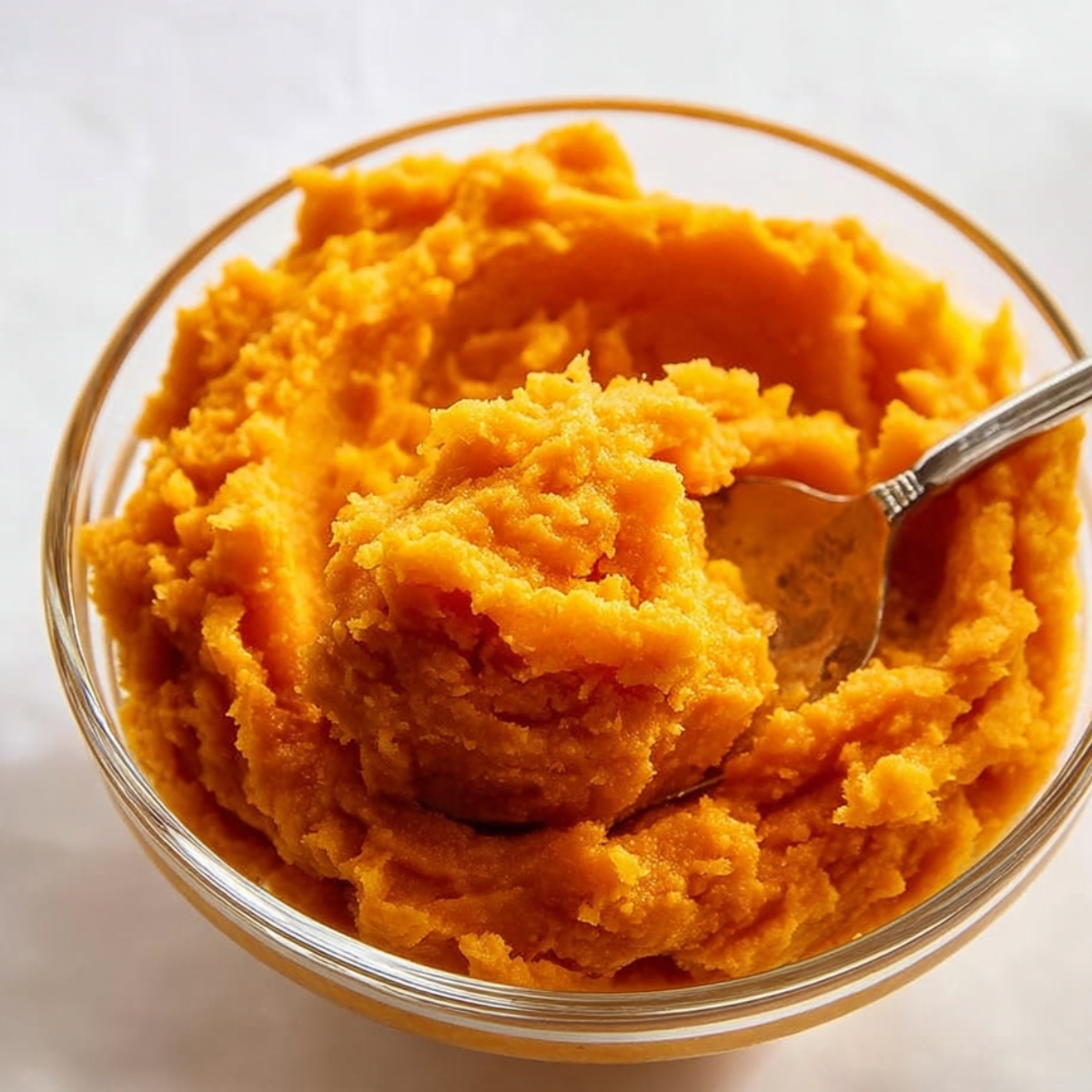 Sweet Potato Rolls Recipe 10 Bright orange mashed sweet potatoes in a glass bowl.