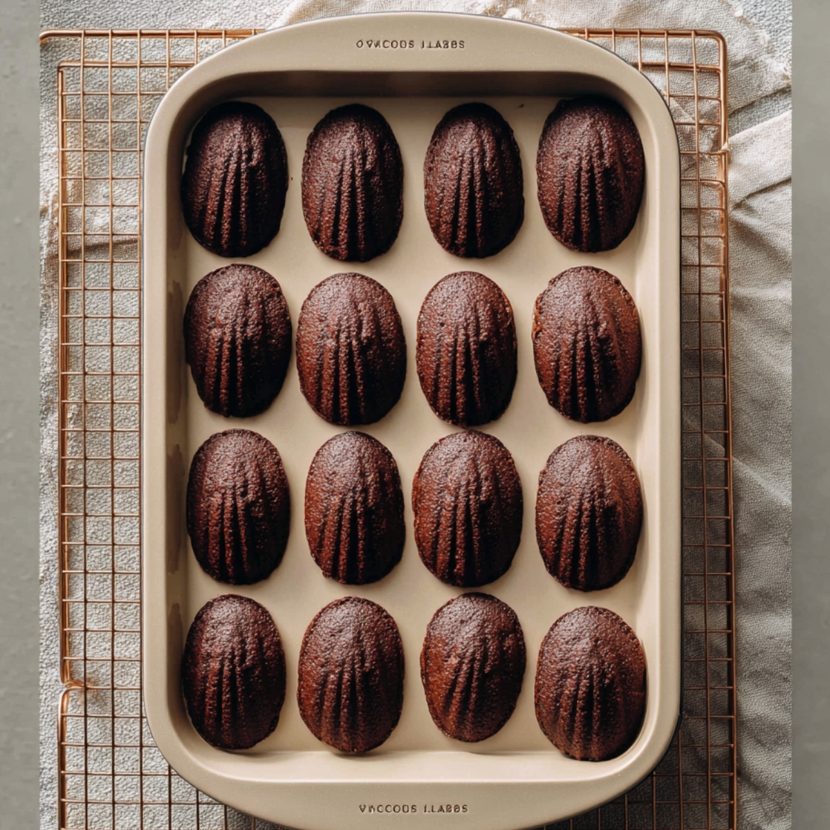 Best Chocolate Peppermint Madeleines 11 Freshly baked chocolate madeleines in a beige madeleine pan on a cooling rack, rich chocolate color, top-down view, homemade dessert