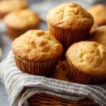 Golden-brown baked cornbread muffins in paper liners, fresh out of the oven and arranged in a basket lined with a striped cloth.