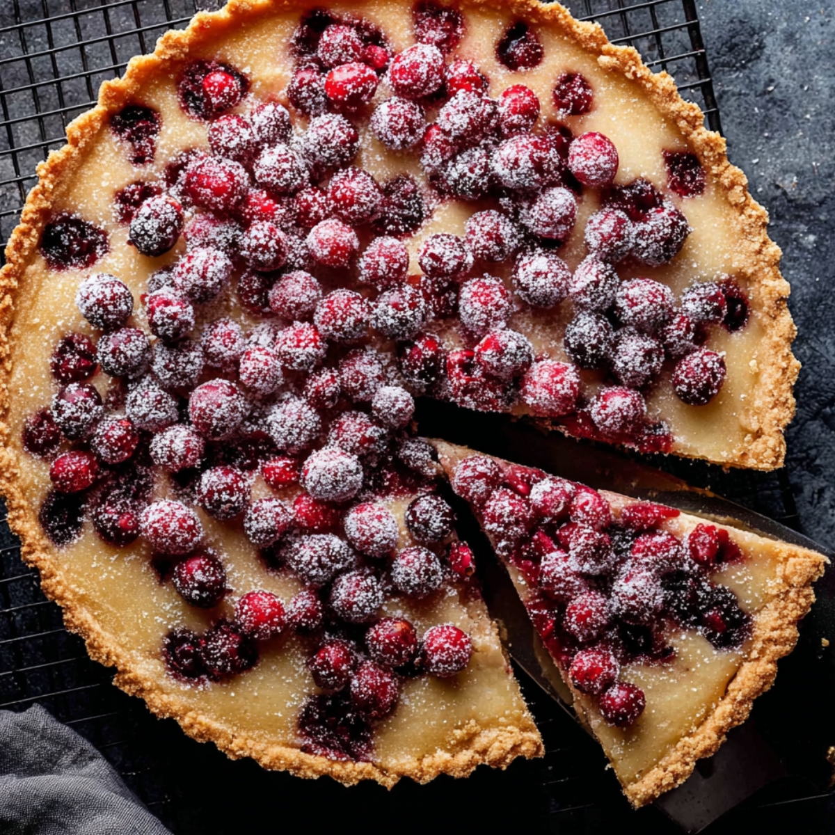 Unbaked cranberry frangipane tart with fresh cranberries arranged over almond filling in a crumb crust tart shell.