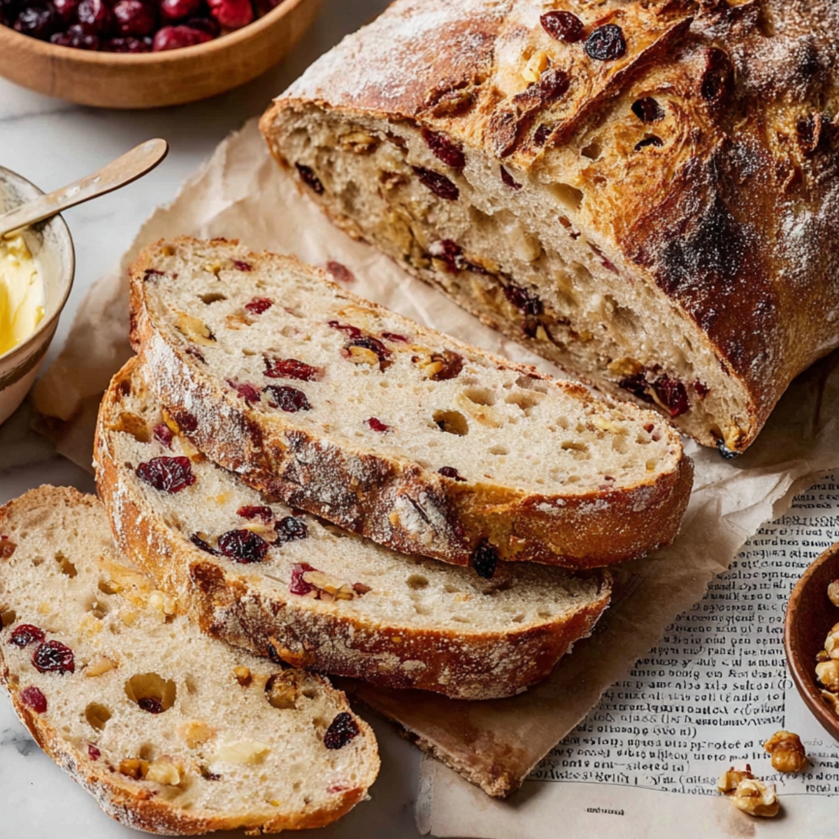 Sliced Cranberry Nut No-Knead Bread with a soft, airy interior, served with butter.