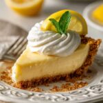 Slice of creamy lemon pie with graham cracker crust, topped with whipped cream and garnished with a fresh lemon slice and mint, served on a white decorative plate.