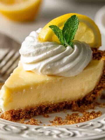 Creamy Lemon Pie Recipe 2 Slice of creamy lemon pie with graham cracker crust, topped with whipped cream and garnished with a fresh lemon slice and mint, served on a white decorative plate.