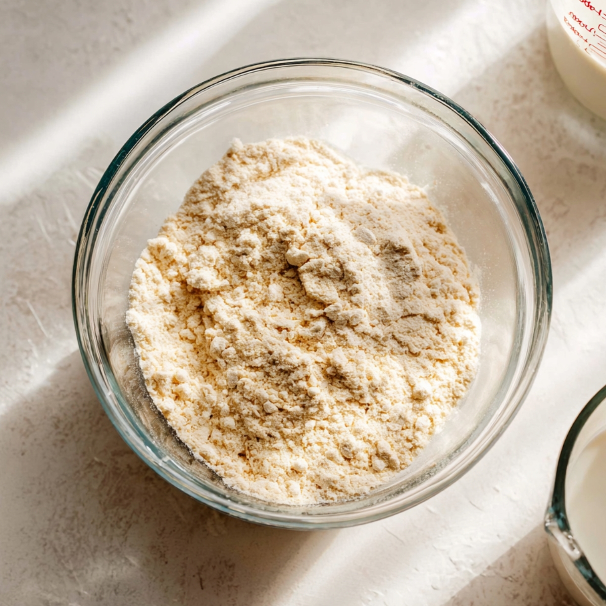 The Best Berry Galette Recipe 10 A glass bowl of dry ingredients with small chunks of butter mixed in, ready to be combined for a baking recipe. Sunlight highlights the texture of the flour and butter mixture.
