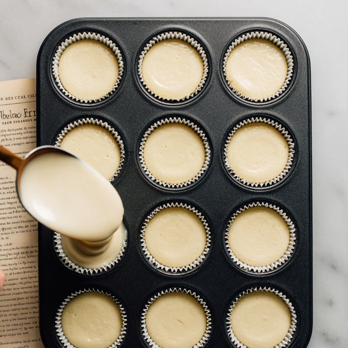 Easy Mini Cheesecakes Recipe 11 Cheesecake batter poured into cupcake liners in a muffin pan.